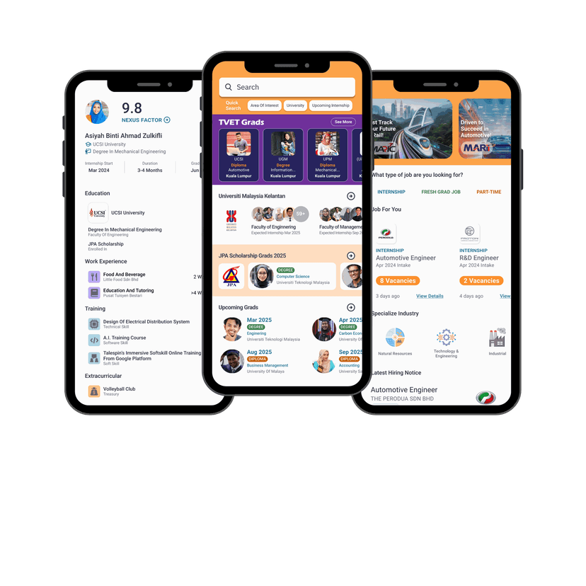Nexus Grad mobile app talent showcase screens